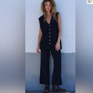Free People FP Beach black Stockton button up sweater vest pants 2pc set New